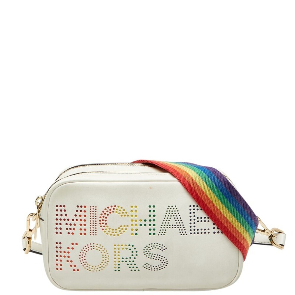 Michael Kors Lacey Rainbow Perforated Logo Shoulder Bag, White Leather, Women's